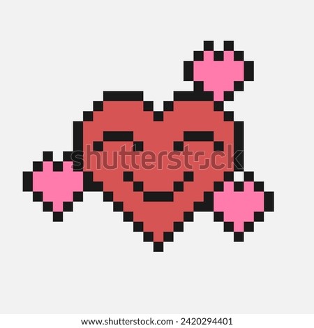 Pixel style heart emoji. Smiling face with hearts. Smile with closed eyes vector illustration. 90s style emoticon. Red emoji flat design. Express love emotion. Pixelated retro game 8 bit design.