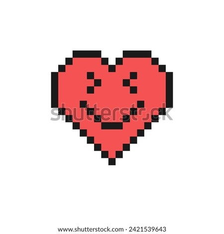 Grinning squinting face emoji. Pixel style heart emoji. Smiling face vector illustration. 90s style heart shaped emoticon. Vintage love emoticons flat design. Pixelated retro game 8 bit design.