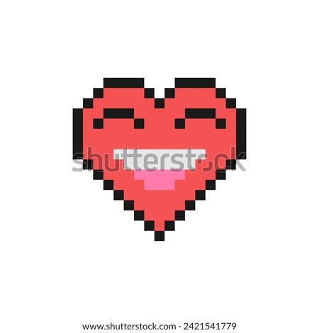 Grinning face with smiling eyes, happy face, smile face. Pixel style heart emoji. 90s style heart shaped emoticon. Vintage love emoticons flat design. Pixelated retro game 8 bit design illustration.