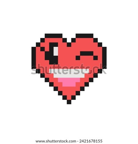 Winky face vector illustration. Pixel style wink emoji signals a joke or a hidden meaning. Text message smile. Vintage 90s style heart shaped emoticon. Pixelated retro game 8 bit design with outline.