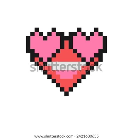 Smile face with heart eyes vector illustration. Pixel style red emoji convey feelings of love and attraction. Vintage 90s style heart shaped emoticon. Pixelated retro game 8 bit design with outline.