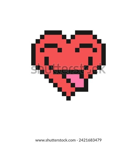 Smile face with tongue out vector illustration. Pixel style red emoji convey feelings of yum, tasty, delicious. Vintage 90s style heart shaped emoticon. Pixelated retro game 8 bit design with outline.