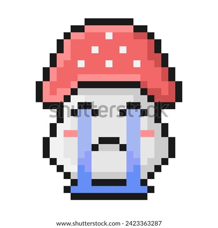Pixel style fly agaric mushroom illustration. Cartoon loudly crying face with streams of heavy tears. Emoji convey inconsolable grief, sad. 90s retro video game aesthetic. Perfect mosaic pixel 64