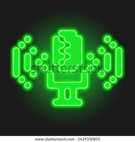 Neon glow microphone with audio waves icon. Podcast vector illustration. Record voice. Information sharing, host sign. Blogging, audio streaming. Acid color. Rave psychedelic style. Radio logo.