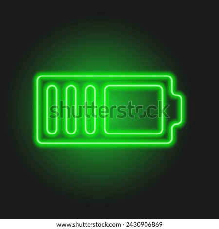 Neon glow acid green color battery charging level vector illustration. Mobile phone battery flat isolated sign. Rave psychedelic style. 90s style design. Electricity element silhouette. Power logo.