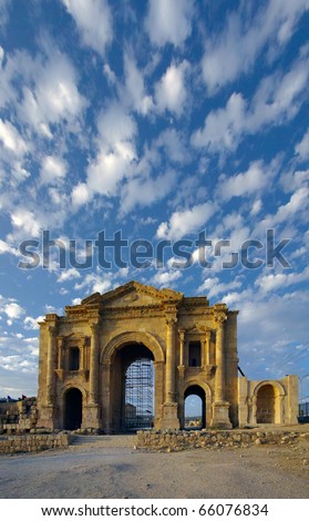 Hadrian\'s Arch, Jerash, Jordan. This is a triumphal arch built in AD 129 to commemorate the visit of the Emperor Hadrian to Jerash in Jordan.  Point of interest in Jordan.