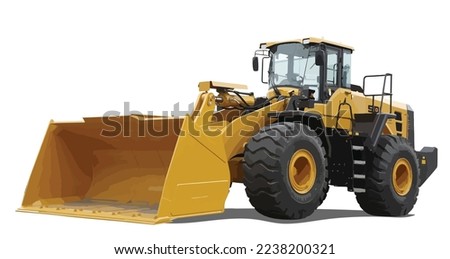 Heavy equipment machine and manufacturing equipment for open-pit mining Big yellow front-end loader or all-wheel bulldozer isolated on white background.