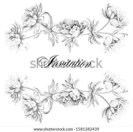 Invitation card, frame with bouquet with big peony flowers in toile de jouy stylet black and white.