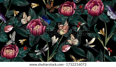 Colourful Pattern with big flowers-peony with branch and big leaves and insects-buterfly, dragonfly, ladybug, bee on black background