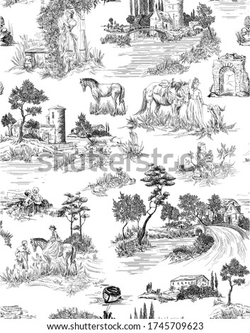 Toile de jouy pattern with countryside views with castles and houses and landscapes and walking people with animals-pets-horses, cats, dog in black and white color