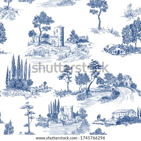 Toile de jouy pattern with countryside views with castles and houses and landscapes with trees, river and bridges with road in blue color