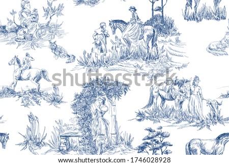 Pattern with landscapes with old , countryside and  people with horses, trees, woman with flowers in blue and white color in toile de jouy style