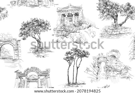 Seamless pattern in Toile de Jouy style with old architecture, black and white Stock foto © 