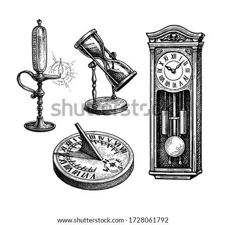 Types of antique watches. Sundial, hourglass and pendulum clock. Time measuring oil lamp. Ink sketch isolated on white background. Hand drawn vector illustration. Retro style.