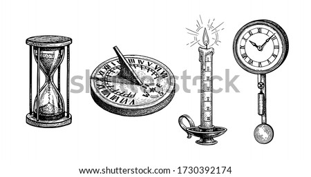 Different types of antique clocks. Sundial, hourglass, candle and pendulum clock. Time measurement history. Ink sketch isolated on white background. Hand drawn vector illustration. Retro style.