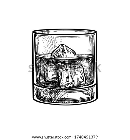 Glass of whiskey with ice. Ink sketch isolated on white background. Hand drawn vector illustration. Retro style.