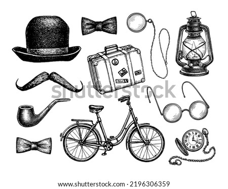 Vintage gentleman's accessories. Retro style ink drawing set isolated on white background.