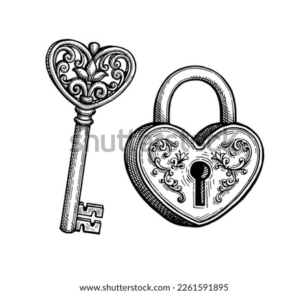 Heart shaped padlock and key. Valentine day design. Hand drawn ink sketch. Retro style.