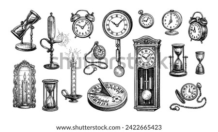 16 ink illustrations of antique clocks. Big set. Hand drawn vector illustration. Retro style.