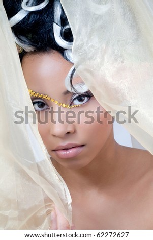 Beautiful young bride with curly hairstyle and fantasy makeup, looking through veil