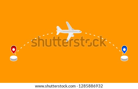 Airplane Flying Between Start Point and End Point with White Dashed Line Path on Yellow background - Vector Illustration