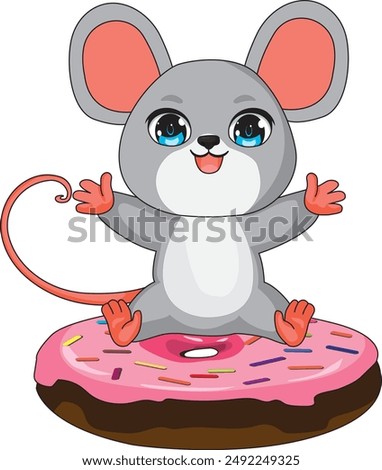 Cute rat sitting on a donut with open hands