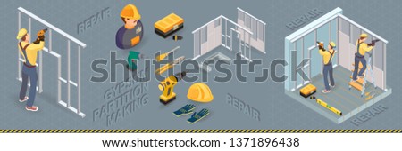 Gypsum partition making. Drywall  work. Building services. Isometric interior repairs concept. Worker and equipment icon. Plasterboard is installed on the wall in the construction site. Vector.