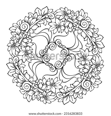 Botanical coloring page with tropical plants and decorative elements. Vector.