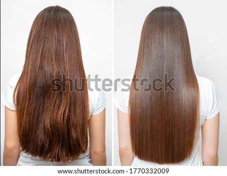Sick, cut and healthy hair care straightening. Before and after treatment.