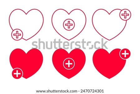 set of red heart icons with plus symbol. modern vector design isolated on white background.