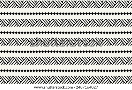 Ethnic tribal  black and white background. Seamless tribal stripe pattern, folk embroidery, tradition geometric african ornament. Traditional design for fabric, textile, print, rug, paper