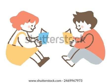 Boy and girl reading books facing each other_Color