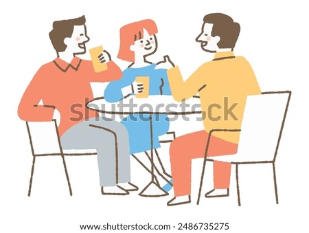 Three people drinking and conversing happily _color