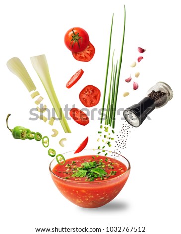 Similar – Image, Stock Photo Pouring cream in tomato soup minimalist on a blue background