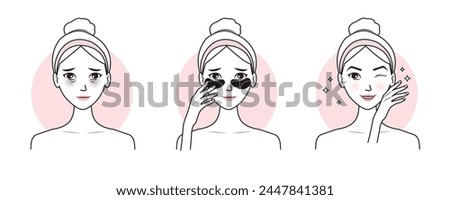 Cute woman apply eye patches treat under eye bags vector illustration isolated on white background. Direction for use eye mask treatment, reduce dark circles, puffiness, dryness and crow feet lines.