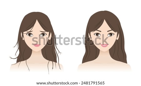 Comparison of split ends and healthy hair vector illustration isolated on white background. The woman with baby split, y split, incomplete, knot and strong, supple, shiny hair. Hair care concept.