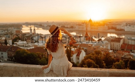 Similar – Image, Stock Photo female traveler admiring a marine view. tourism in Cyprus. tourist on sea background. girl travels on the beaches. young beautiful hipster woman on tropical beach, summer vacation, happy, fun,