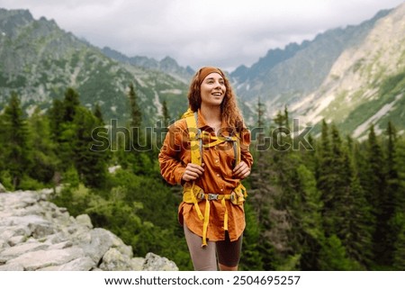 Similar – Image, Stock Photo Woman hiker standing and looking at Sil Canyon