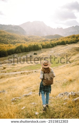 Similar – Foto Bild Tourist mit Blick auf Bergwasserfall