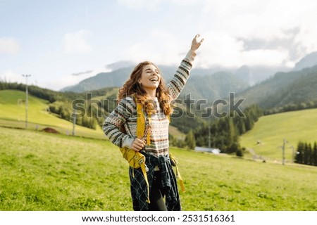 Similar – Image, Stock Photo female traveler admiring a marine view. tourism in Cyprus. tourist on sea background. girl travels on the beaches. young beautiful hipster woman on tropical beach, summer vacation, happy, fun,