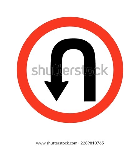 Black go back return arrow icon in red circle, simple vector u turn shape pointer flat design. 