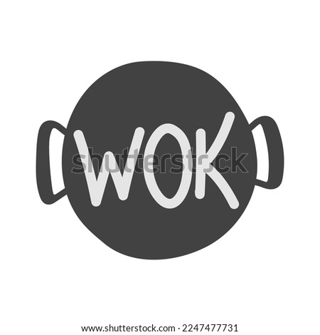 Wok frying pan. icon in flat doodle style. Vector illustration. Wok, asian food, logo for cafe or restaurant.