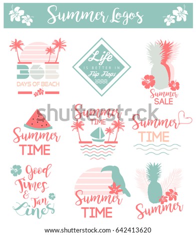 Summer tropical Logos set in bright and pastel colors. Flat hand drawn illustrations of pineapples, palm trees, water mellon, flowers for stickers, t-shirts, mugs and social media.