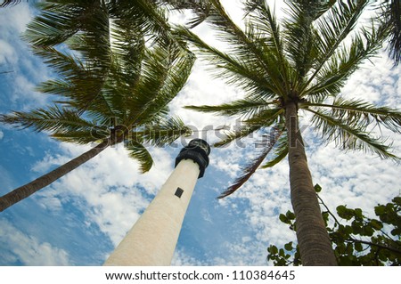 Cape Florida Lighthouse and tropical palms at Key Biscayne, Florida Keys, USA