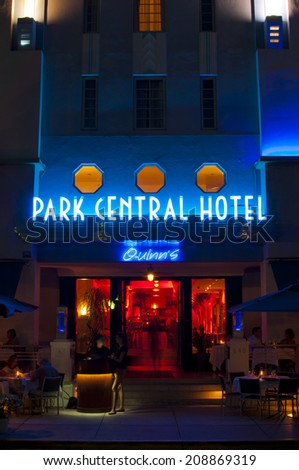 MIAMI, USA - JUNE 7, 2012: Entrance of the Park Central Hotel at night. South Beach, Miami, Florida, United States of America, june 7 2012