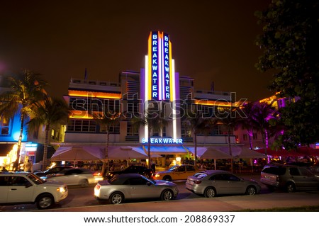 MIAMI, USA - JUNE 7, 2012: The Art Deco Breakwater Hotel at night on Ocean Drive. South Beach, Miami, Florida, United States of America, june 7 2012