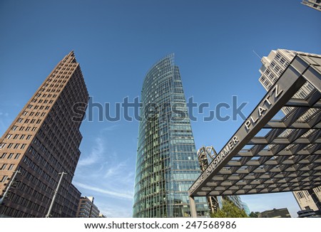 BERLIN, GERMANY - SEPTEMBER 5: skyscrapers at Potsdamer Platz and railway station in Berlin Mitte, Germany, Europe sept 05 2014.
