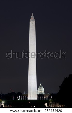 Washington DC skyline view with Washington Monument and US Capitol Building at night, USA