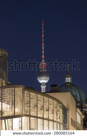 Berlin Cityscape with TV Tower (Fernsehturm) and Berlin Cathedral (Berliner Dom) at night, Berlin Mitte, Germany, Europe