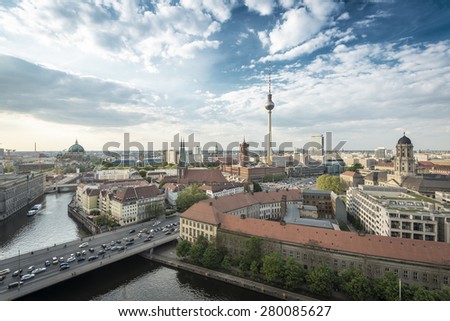 View over Berlin Skyline (TV Tower, Alexanderplatz, Town Hall, River Spree and Berlin Cathedral), Germany, Europe